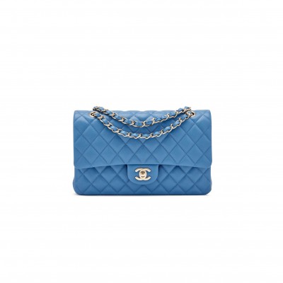 CHANEL BLUE QUILTED CAVIAR MEDIUM CLASSIC DOUBLE FLAP LIGHT GOLD HARDWARE AS1112 (25*15*6cm)